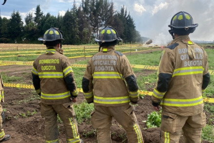 Cuatro Bomberos viendo la destrucción de pólvora